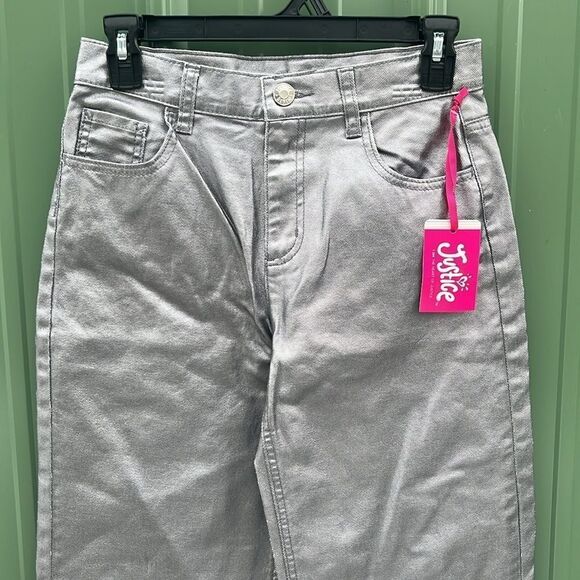 Girls Wide Leg Silver Denim Pleather Pants Size 12 - Picture 2 of 7